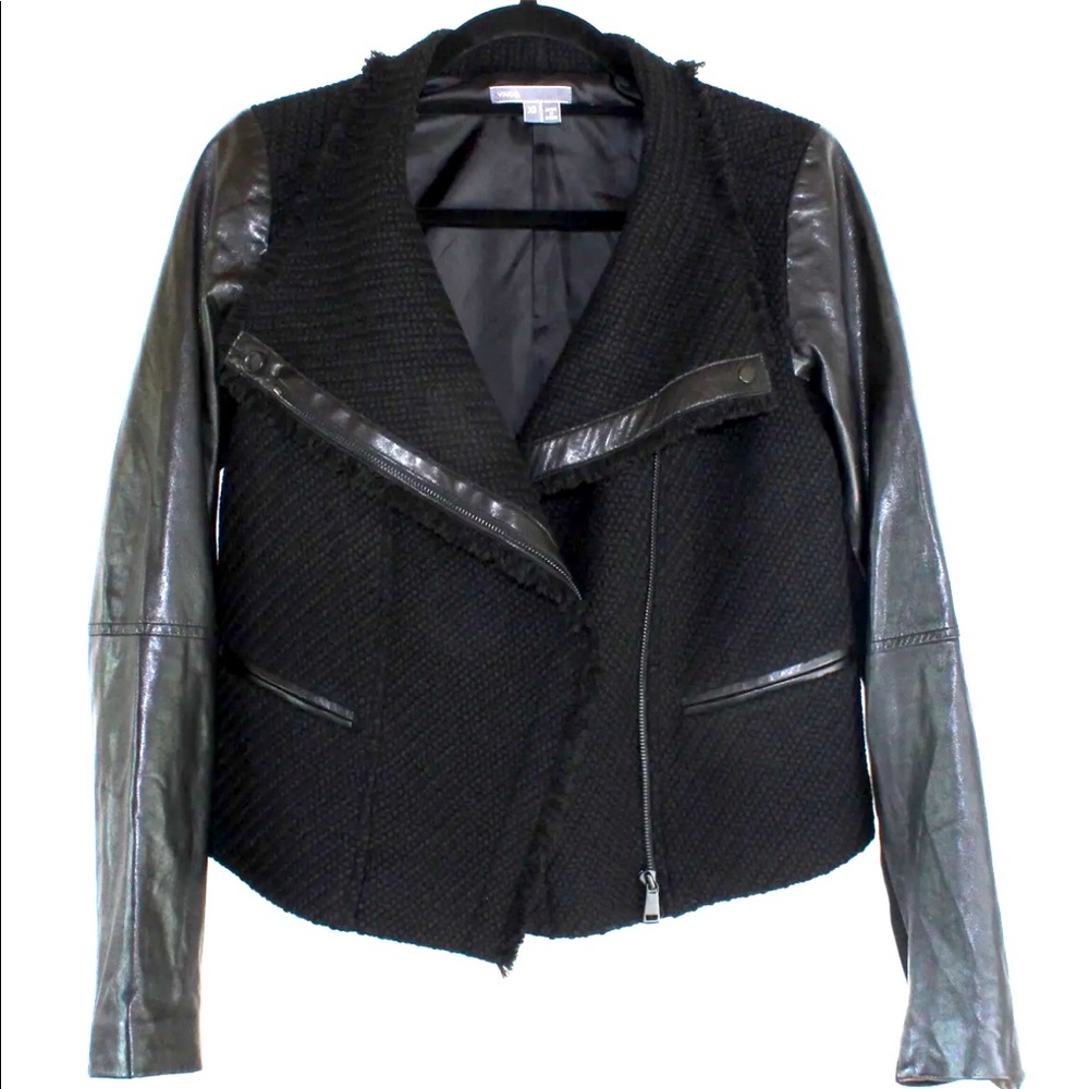 Women's VINCE Black Wool / Lamb Leather Moto Boucle Zip-Up Jacket Size XS